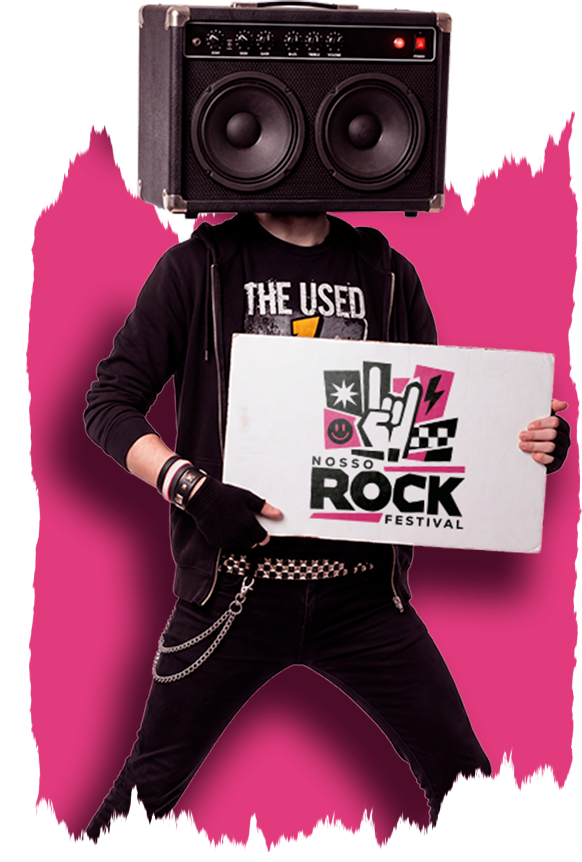 Personagem do Nosso Rock Festival segurando placa com a logo